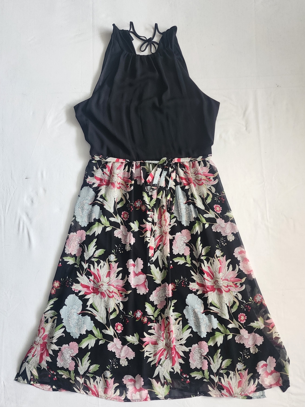 Express Black Floral Tie Waist Dress Womens Size S Halter Neck Whimsigoth Fairy